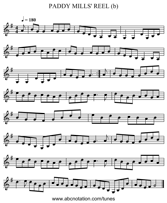PADDY MILLS' REEL (b) - staff notation