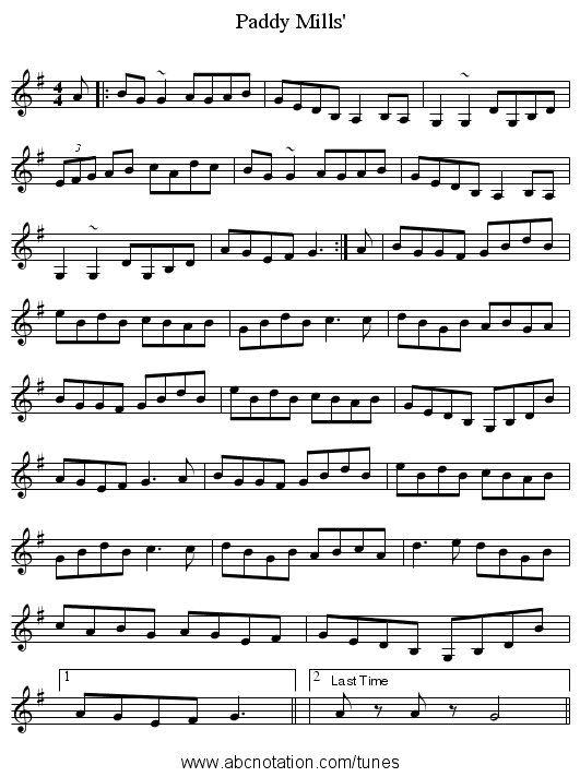 Paddy Mills' - staff notation