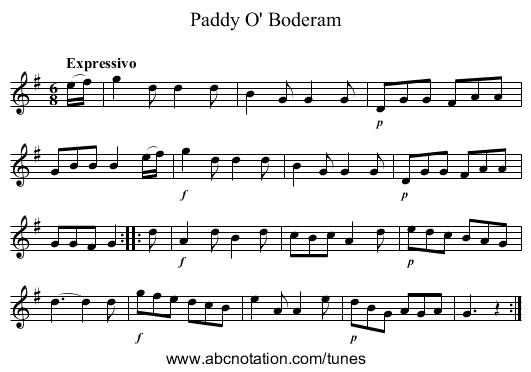 Paddy O' Boderam - staff notation