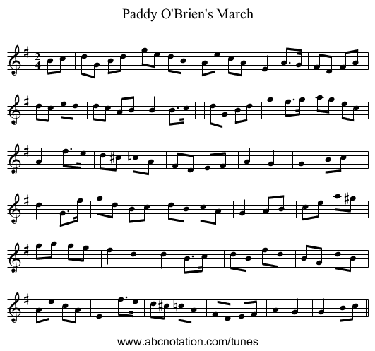 Paddy O'Brien's March - staff notation