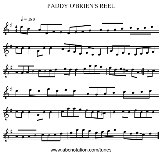 PADDY O'BRIEN'S REEL - staff notation