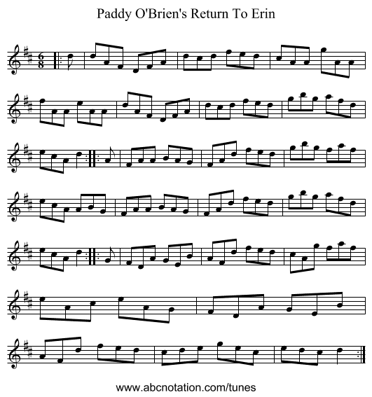 Paddy O'Brien's Return To Erin - staff notation