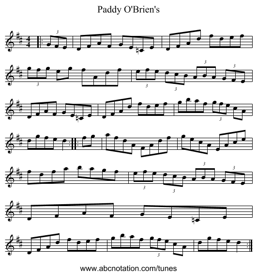 Paddy O'Brien's - staff notation
