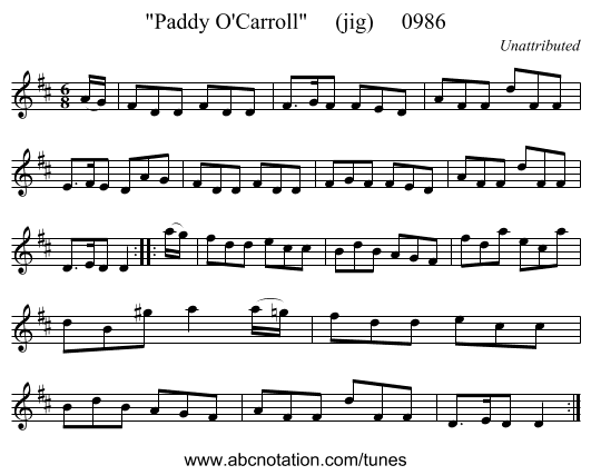 Paddy O'Carroll     (jig)     0986 - staff notation