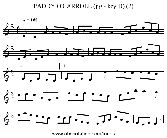 PADDY O'CARROLL (jig - key D) (2) - staff notation
