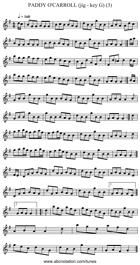 PADDY O'CARROLL (jig - key G) (3) - staff notation