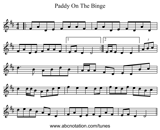 Paddy On The Binge - staff notation
