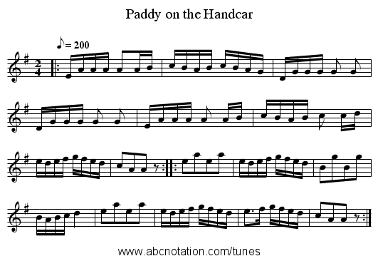 Paddy on the Handcar - staff notation