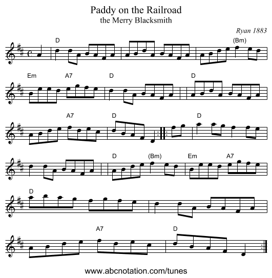 Paddy on the Railroad - staff notation