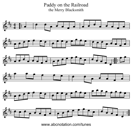 Paddy on the Railroad - staff notation