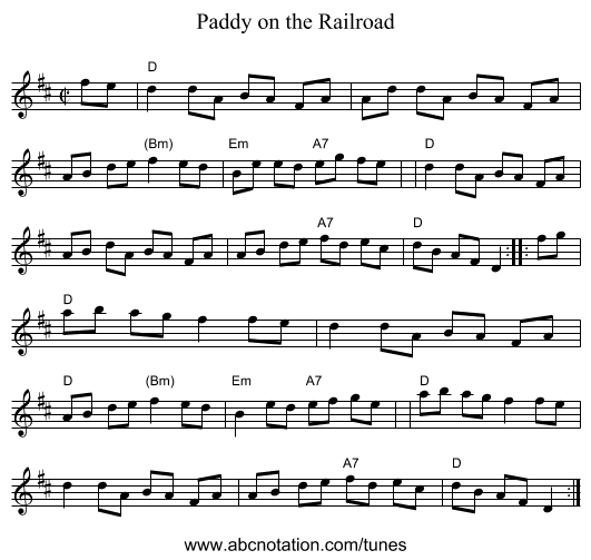 Paddy on the Railroad - staff notation