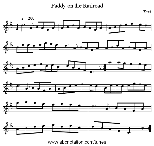 Paddy on the Railroad - staff notation