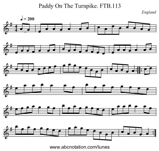 Paddy On The Turnpike. FTB.113 - staff notation