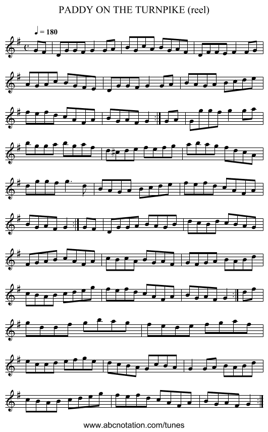 PADDY ON THE TURNPIKE (reel) - staff notation