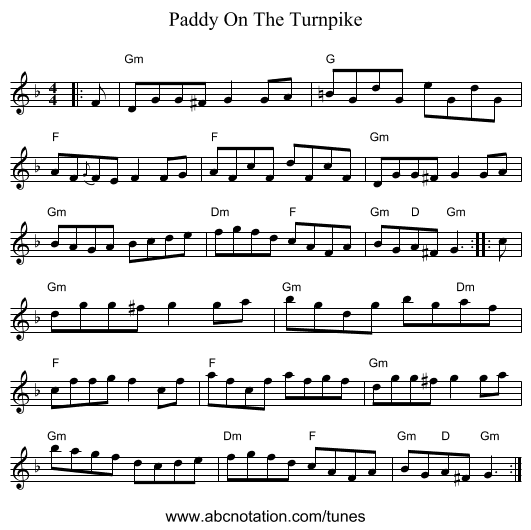 Paddy On The Turnpike - staff notation