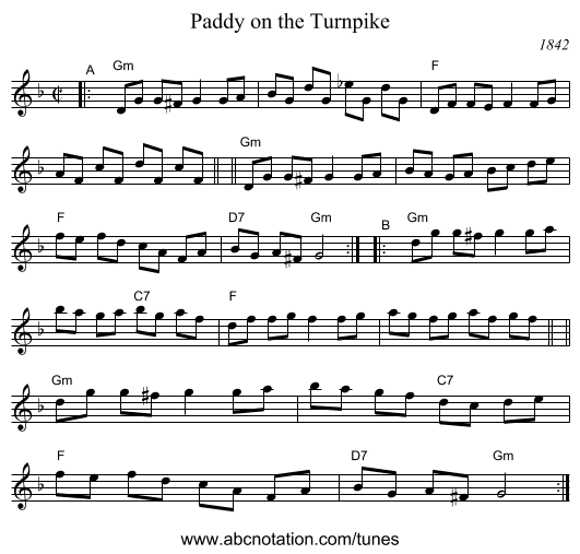 Paddy on the Turnpike - staff notation