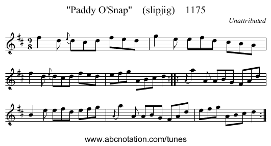 Paddy O'Snap (slipjig) 1175 - staff notation