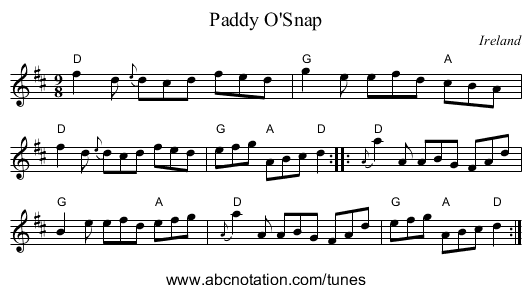 Paddy O'Snap - staff notation