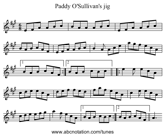 Paddy O'Sullivan's jig - staff notation
