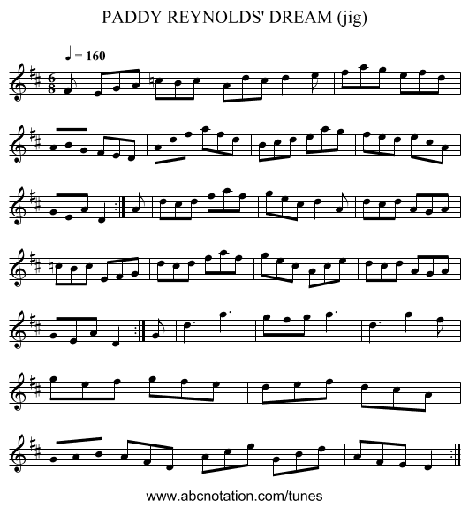 PADDY REYNOLDS' DREAM (jig) - staff notation