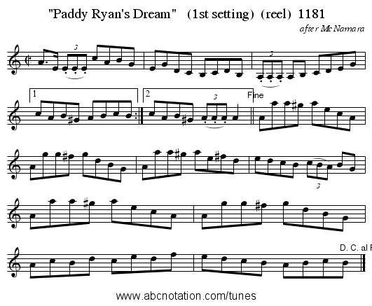 Paddy Ryan's Dream   (1st setting)  (reel)  1181 - staff notation