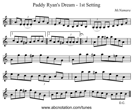 Paddy Ryan's Dream - 1st Setting - staff notation
