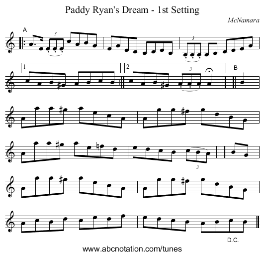 Paddy Ryan's Dream - 1st Setting - staff notation