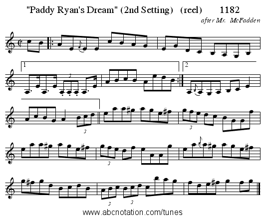 Paddy Ryan's Dream (2nd Setting)   (reel)       1182 - staff notation