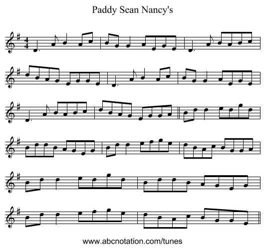 Paddy Sean Nancy's - staff notation
