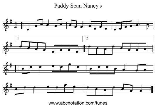 Paddy Sean Nancy's - staff notation