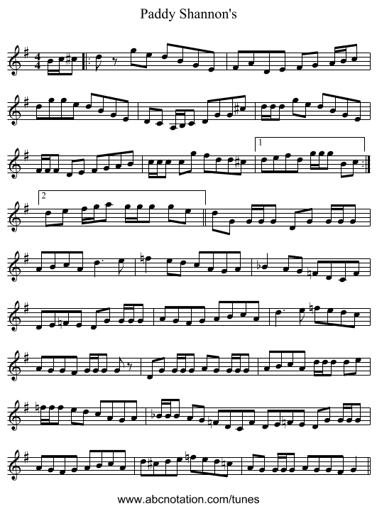Paddy Shannon's - staff notation
