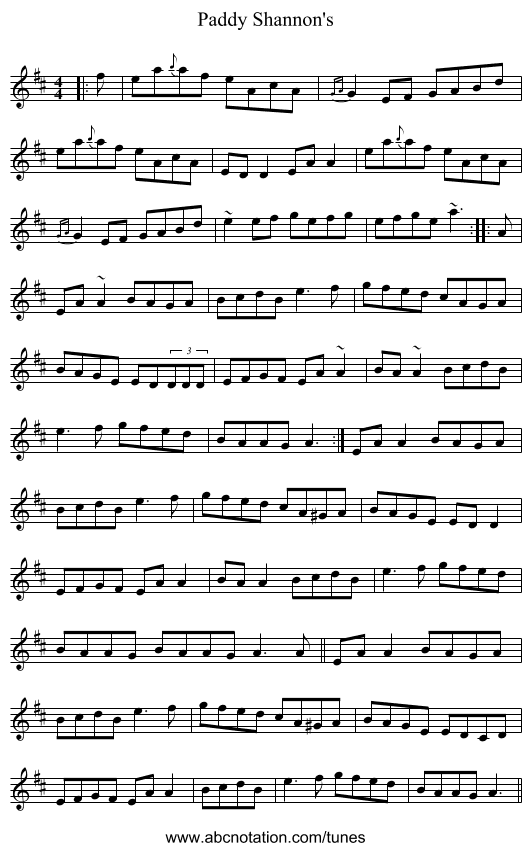 Paddy Shannon's - staff notation
