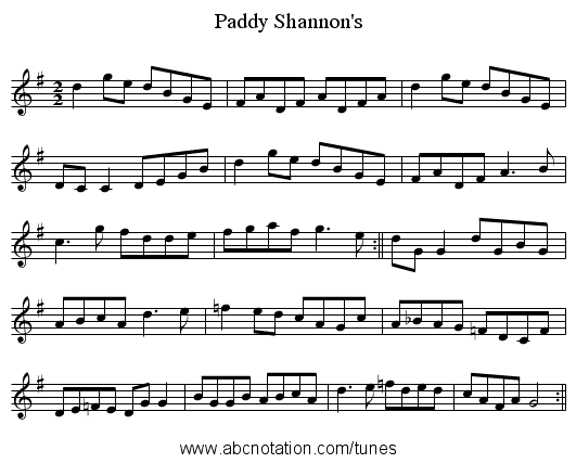 Paddy Shannon's - staff notation