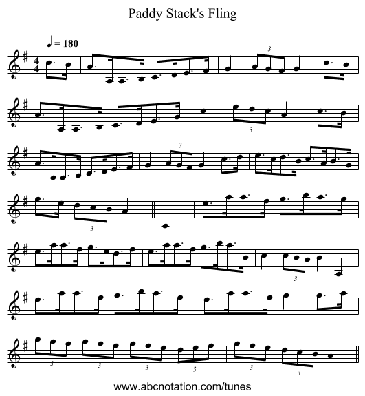 Paddy Stack's Fling - staff notation