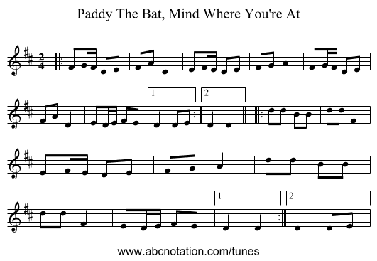 Paddy The Bat, Mind Where You're At - staff notation