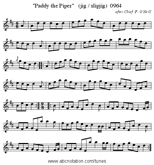 Paddy the Piper (jig / slipjig) 0964 - staff notation