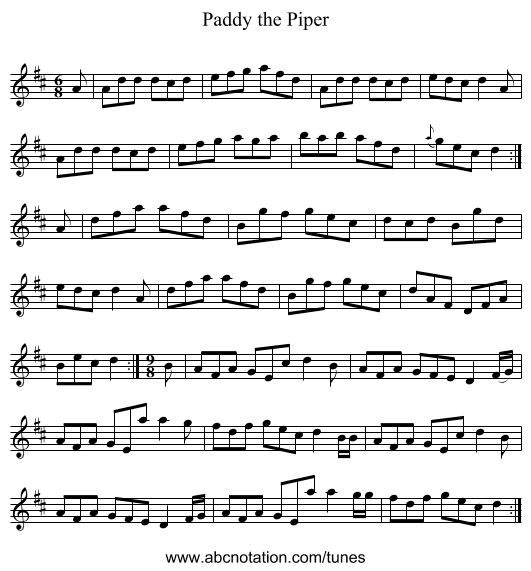 Paddy the Piper - staff notation