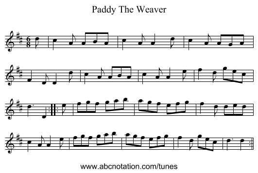 Paddy The Weaver - staff notation