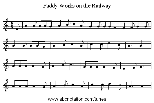 Paddy Works on the Railway - staff notation