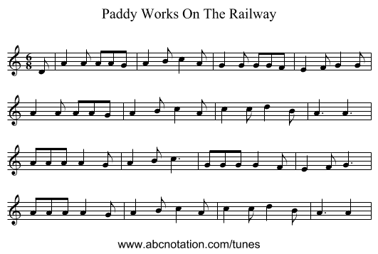 Paddy Works On The Railway - staff notation
