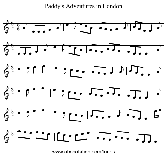 Paddy's Adventures in London - staff notation