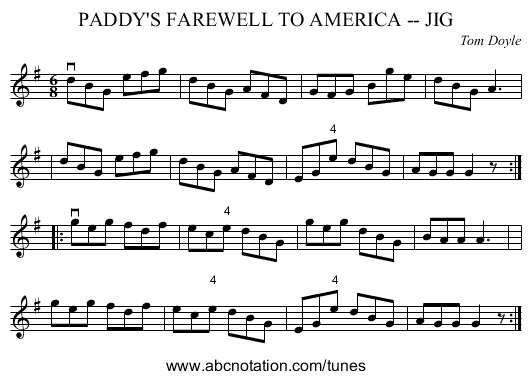 PADDY'S FAREWELL TO AMERICA -- JIG - staff notation