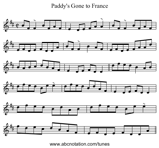 Paddy's Gone to France - staff notation