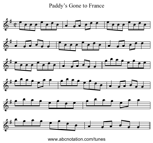 Paddy’s Gone to France - staff notation