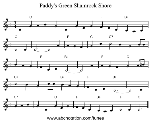 Paddy's Green Shamrock Shore - staff notation