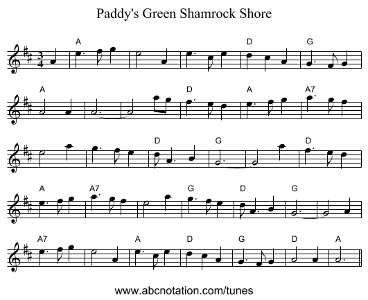 Paddy's Green Shamrock Shore - staff notation