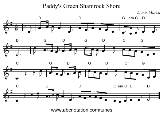 Paddy's Green Shamrock Shore - staff notation