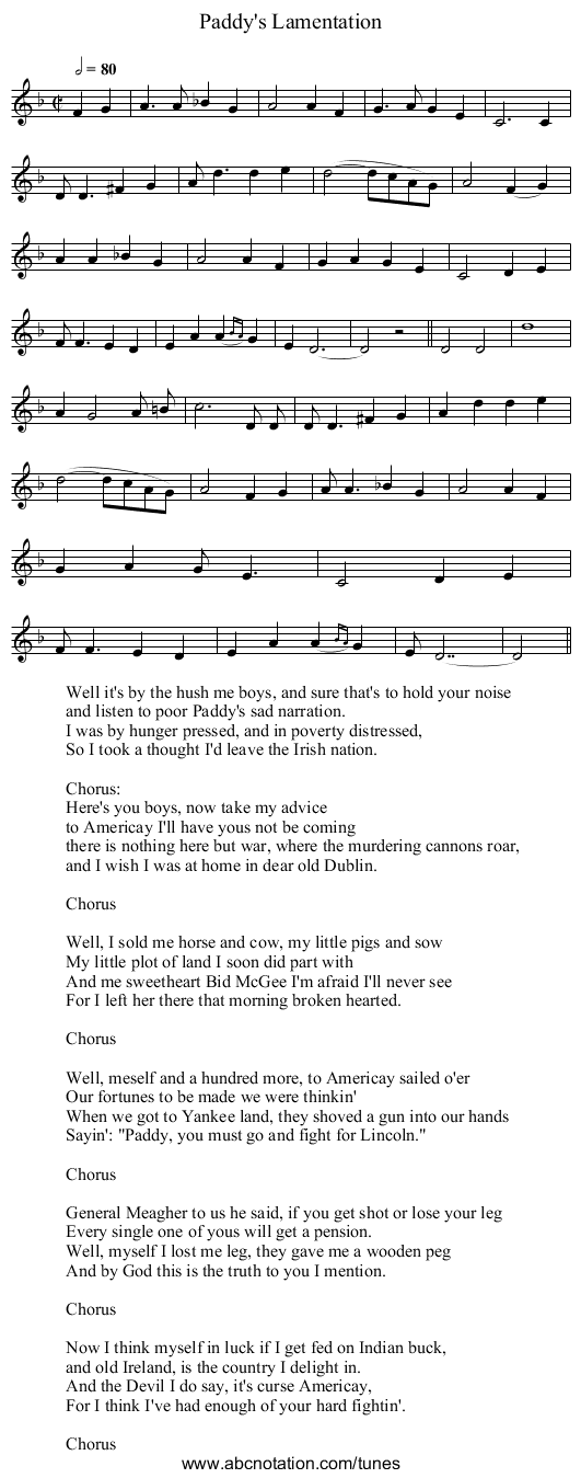 Paddy's Lamentation - staff notation