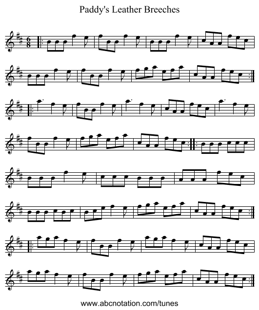 Paddy's Leather Breeches - staff notation