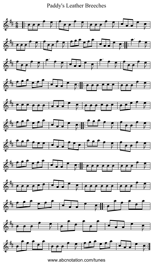 Paddy's Leather Breeches - staff notation